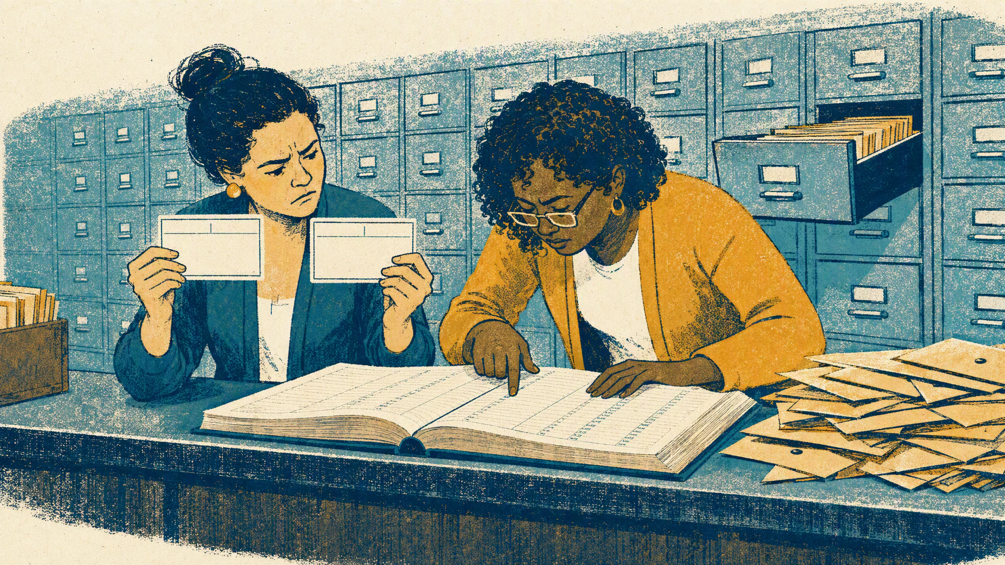 A woman at a filing counter holds two index cards bearing the same company name while a colleague checks a numbered ledger.