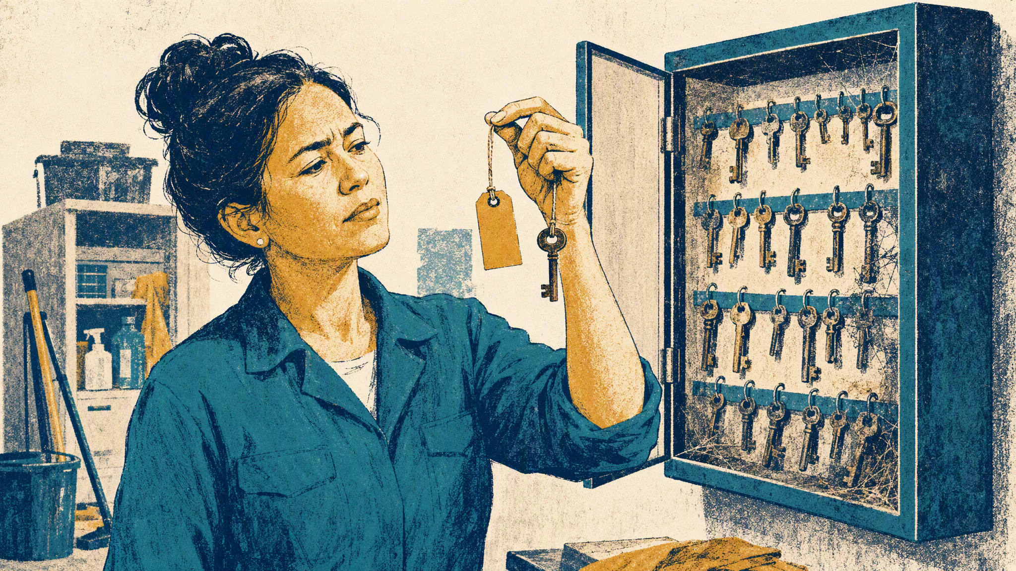 A facilities manager at an open key cabinet holds up one key with a paper tag while rows of untagged keys hang on the hooks behind her.