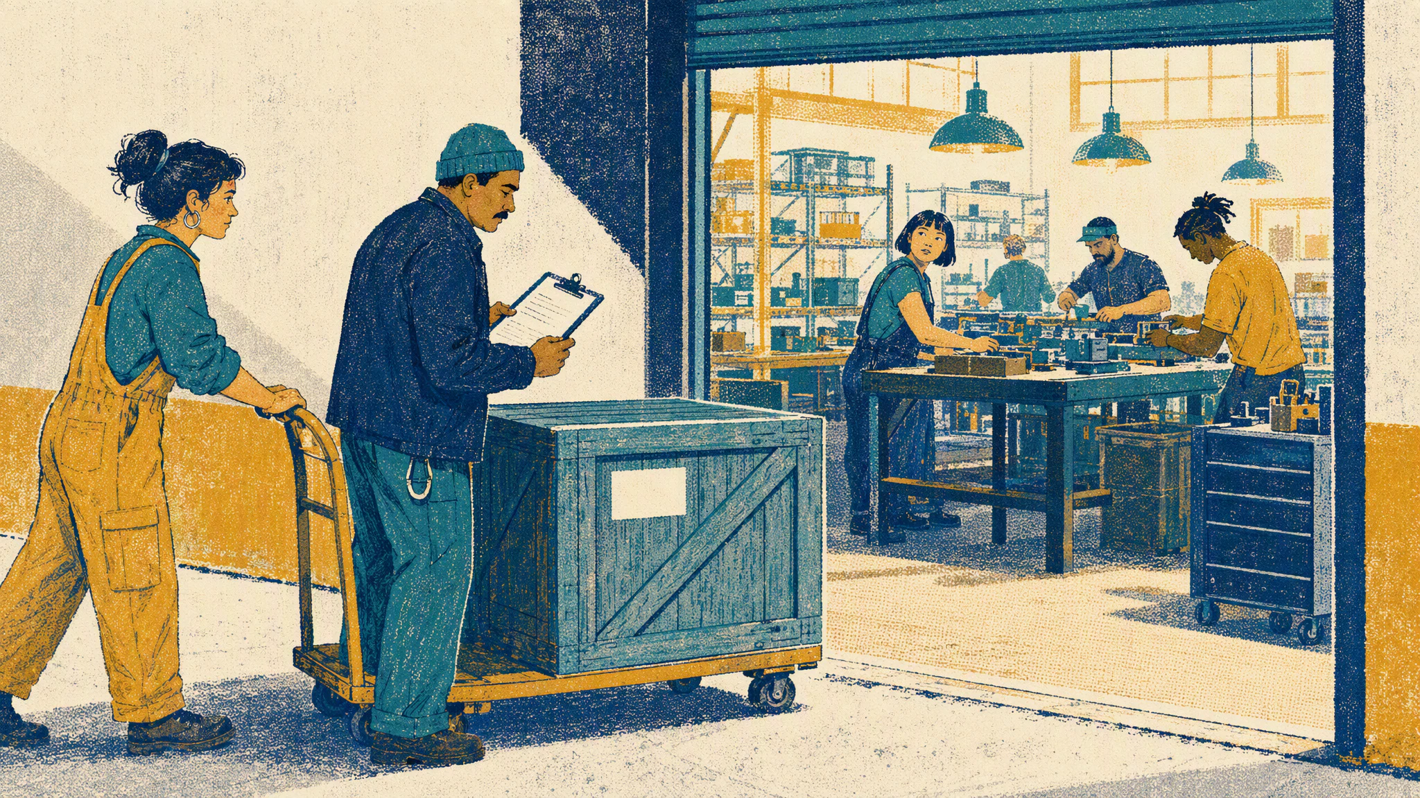 A worker with a clipboard holds a crate at a loading dock door while colleagues at workbenches inside wait for it.