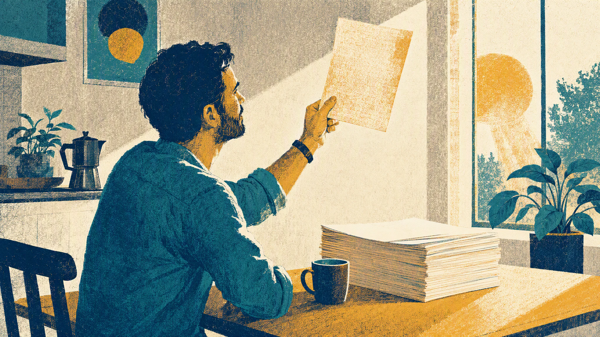 A man at a kitchen table holds one sheet from a thick stack up to the morning light, a cooling mug of coffee beside his elbow.