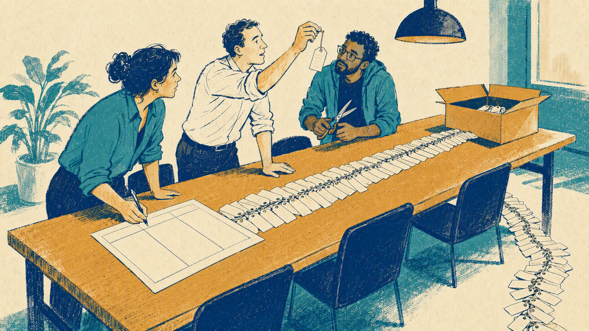 A sales manager and an admin sort a long strip of handwritten tags across a table while a consultant waits with a pen.