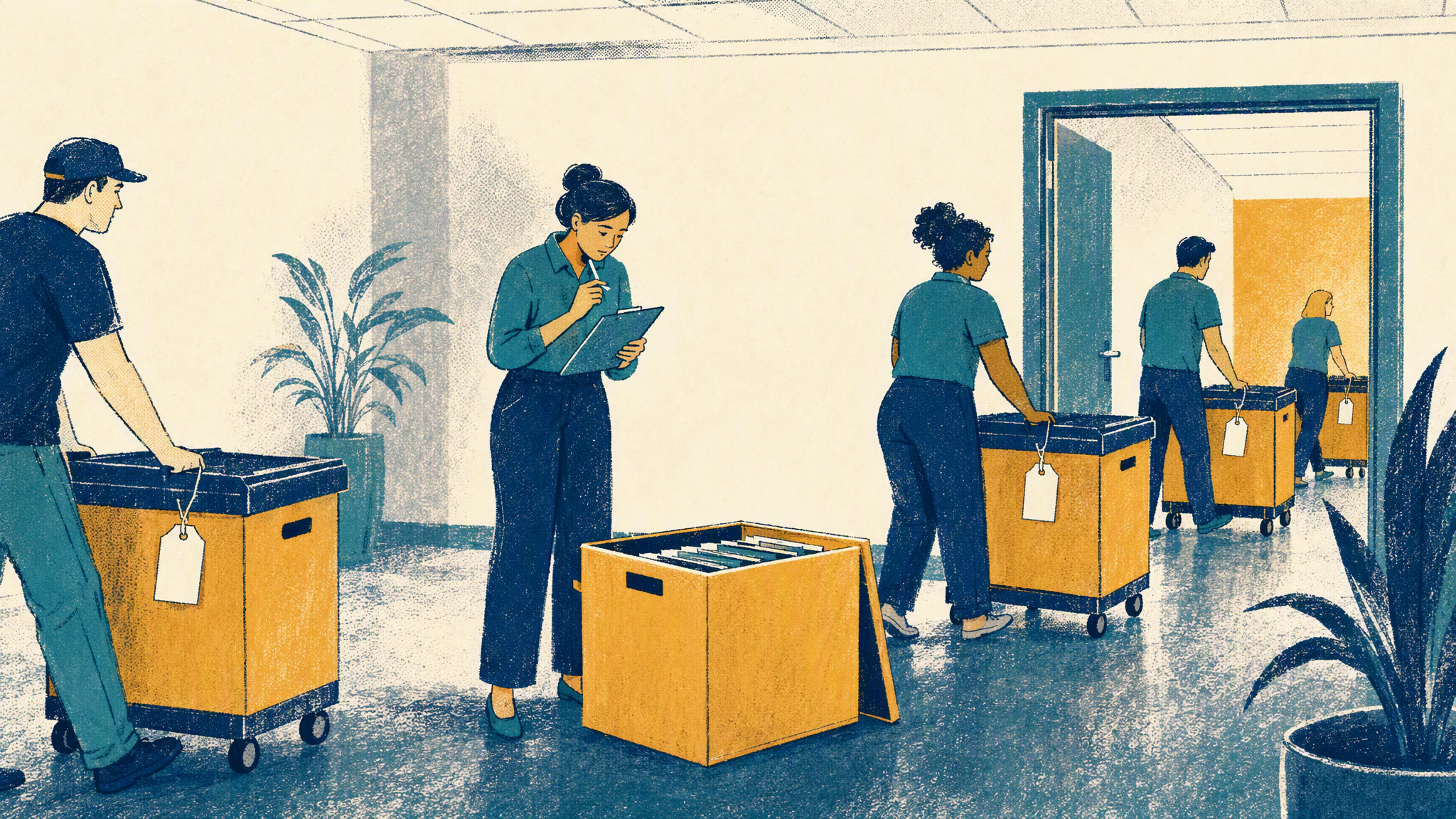 A migration lead with a clipboard stops beside an open, untagged crate while movers wheel tagged crates through an office doorway.