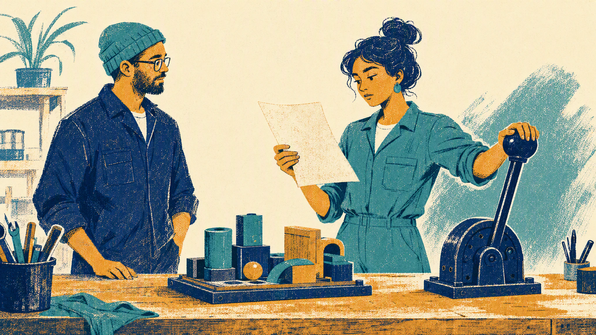 A woman at a workbench holds one handwritten page of questions while her other hand rests on a large lever, a colleague waiting beside her.