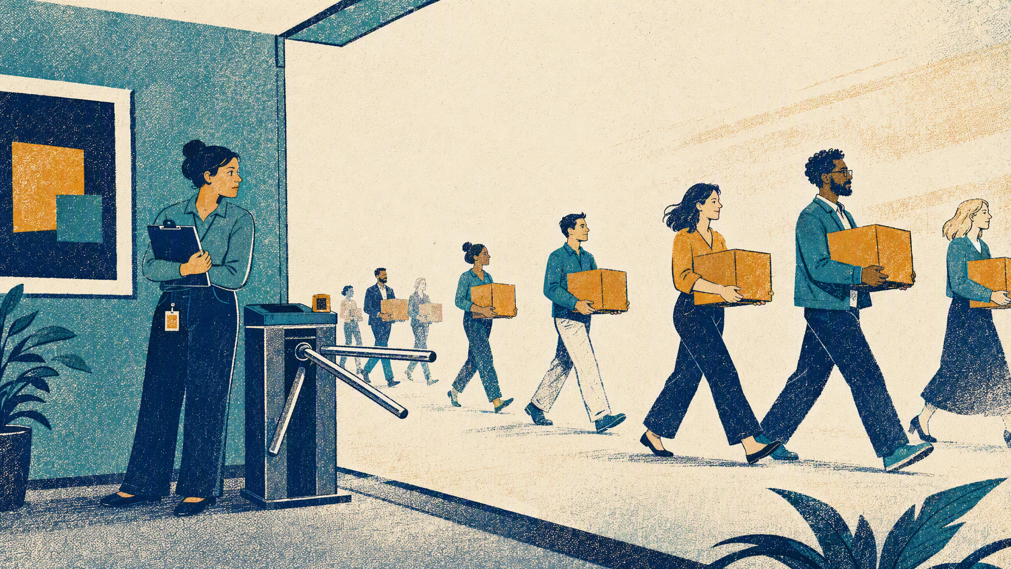A platform owner stands at an open turnstile in an office corridor while colleagues carry boxes through the wide gap beside it.