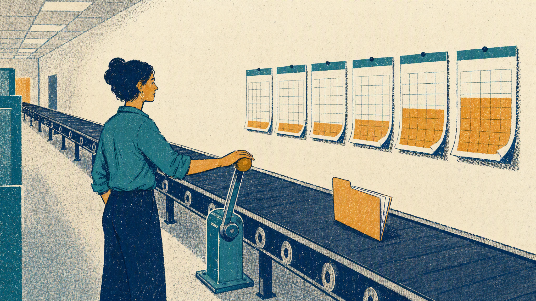 A person rests one hand on a stop lever beside a long conveyor belt carrying a single open folder past six calendar pages.