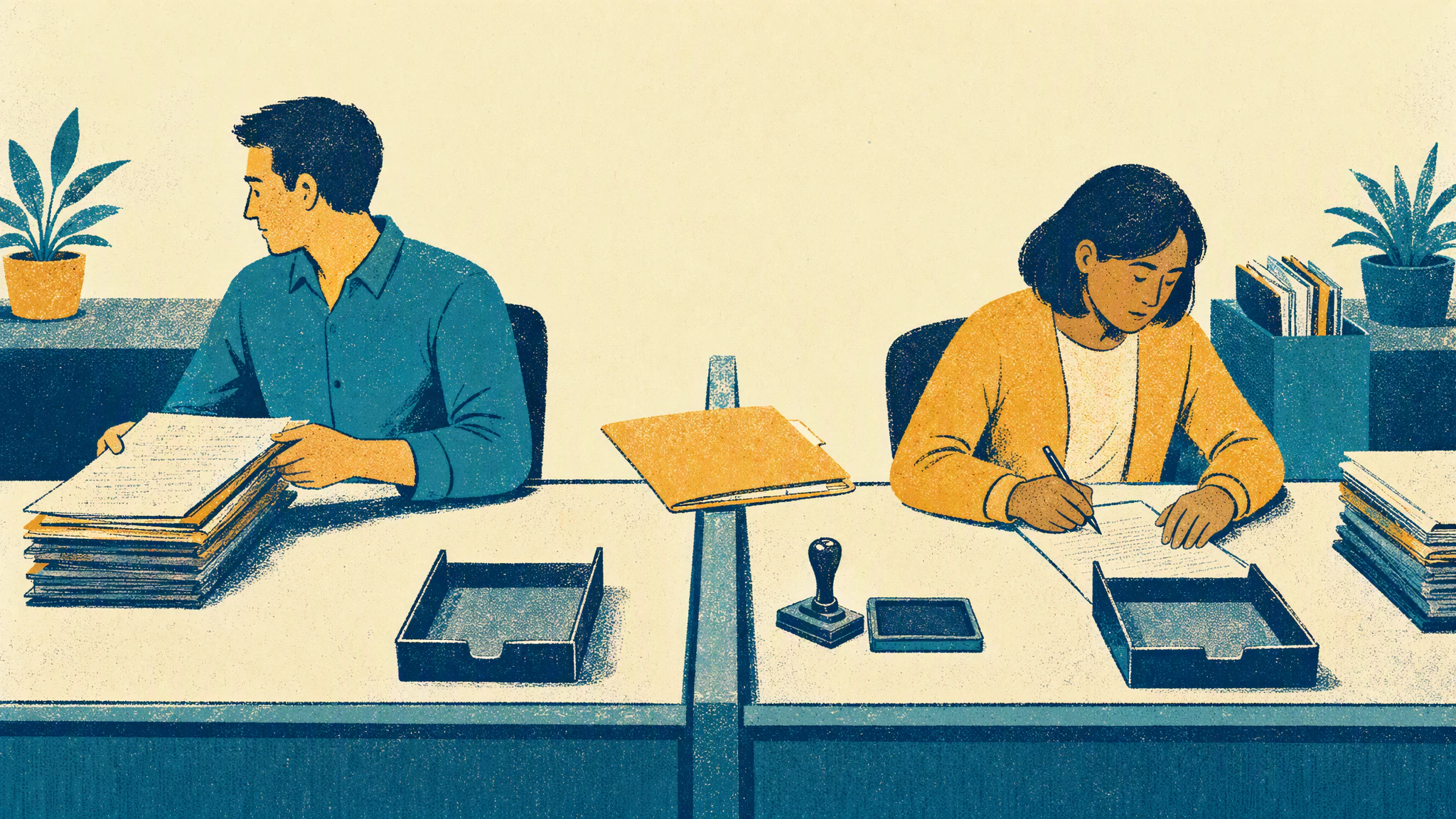 Two office workers at adjoining desks with a single paper folder resting on the partition between them, untouched by either.