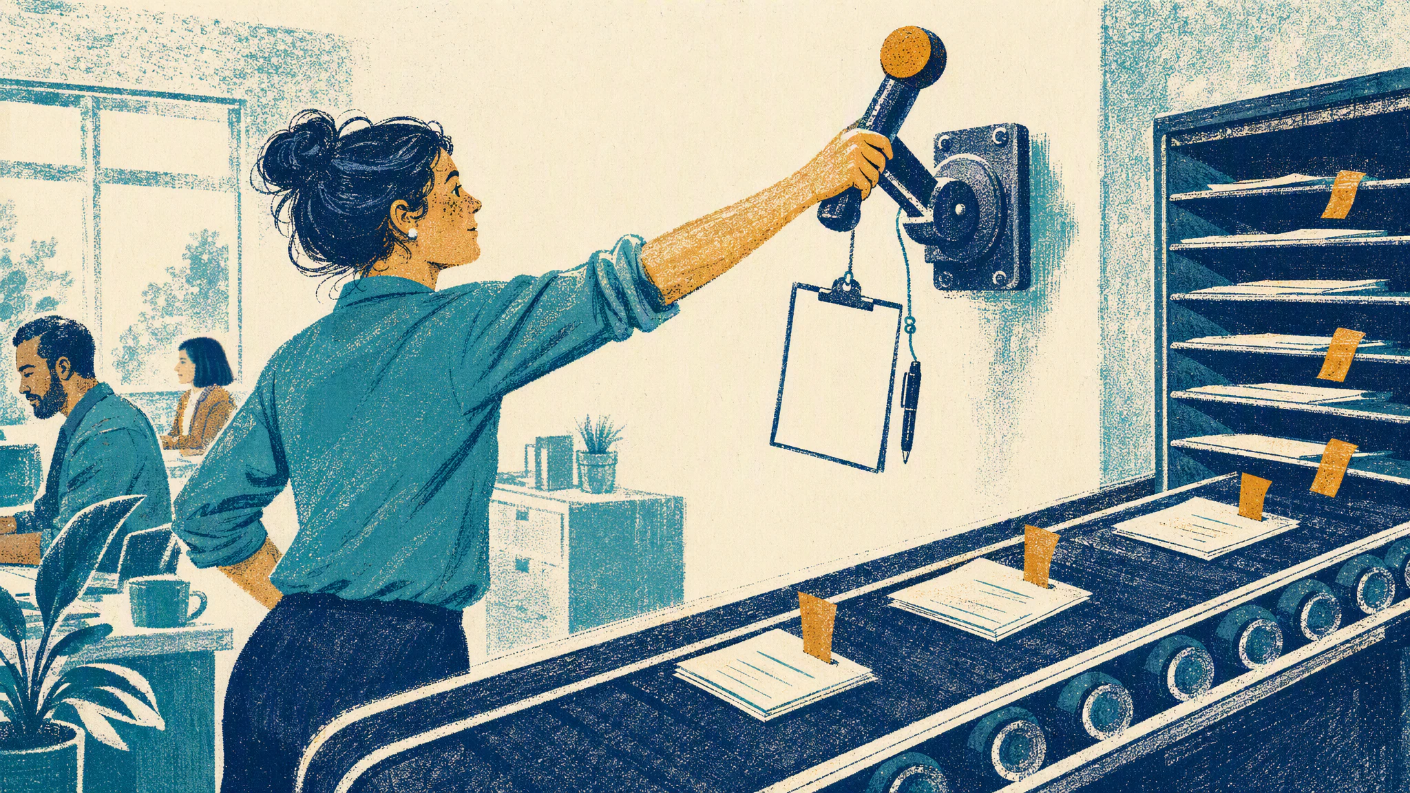 A service desk manager reaches for a large stop lever mounted on the wall beside a conveyor of paper tickets.