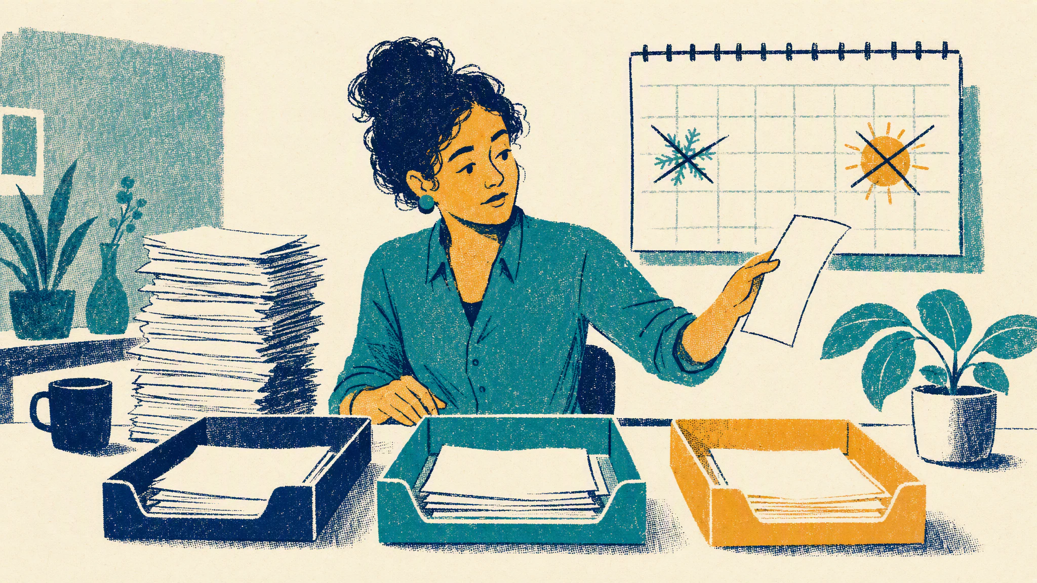 A planner at a long desk sorting a stack of paper notices into three separate trays, a wall calendar behind her