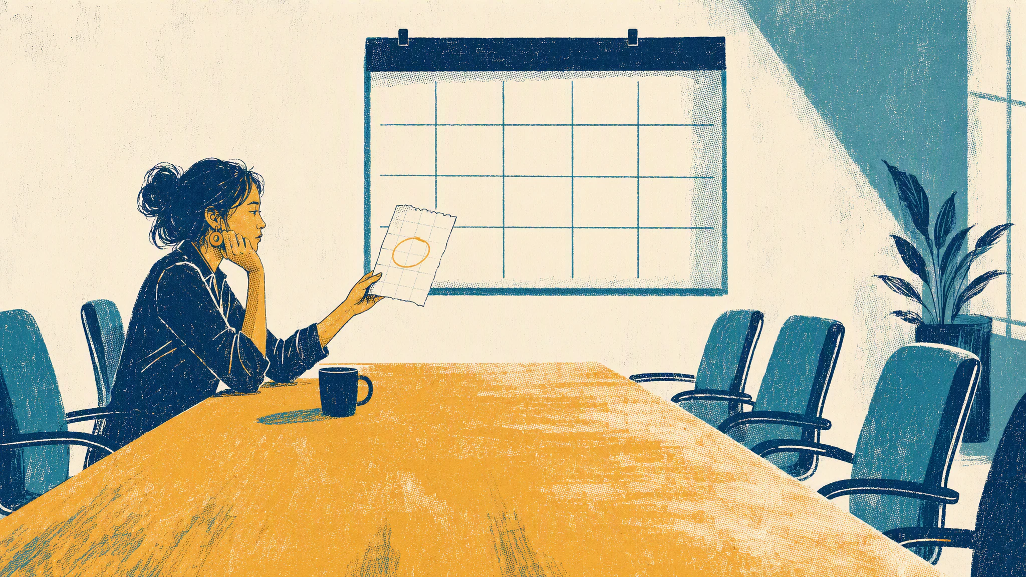 A platform owner sits alone at a long meeting table holding one dated calendar page while the wall calendar behind her is blank.