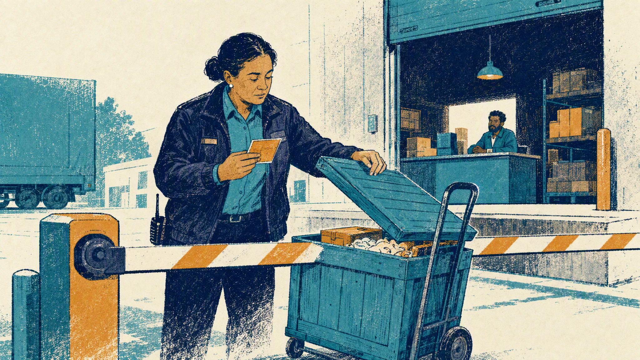 A gate officer at a loading dock barrier inspects the pass and the open crate on a hand truck before the delivery goes inside.