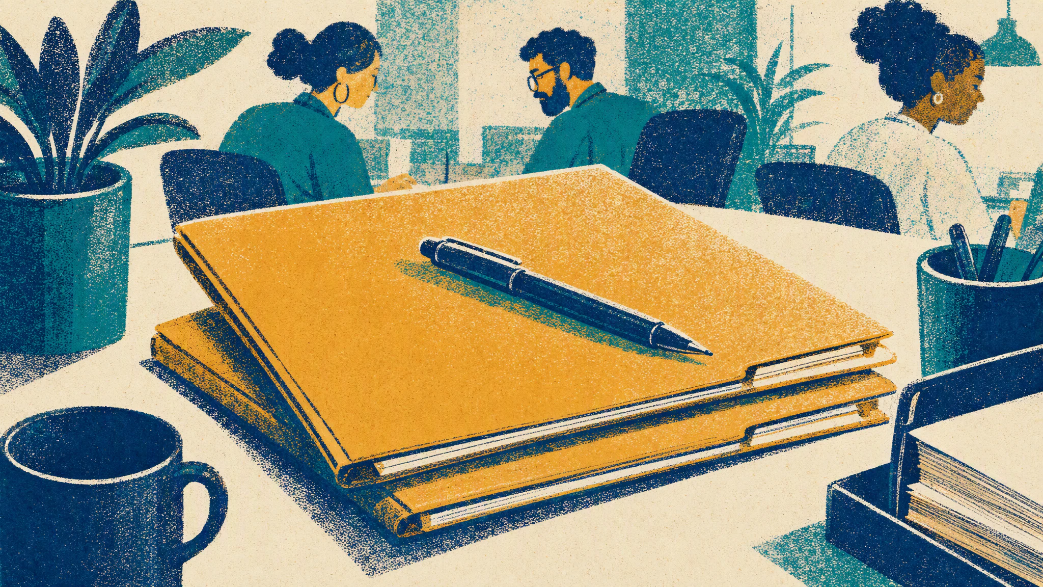 Two nearly identical supplier intake folders stacked on a desk, one slightly askew with a pen resting across it.
