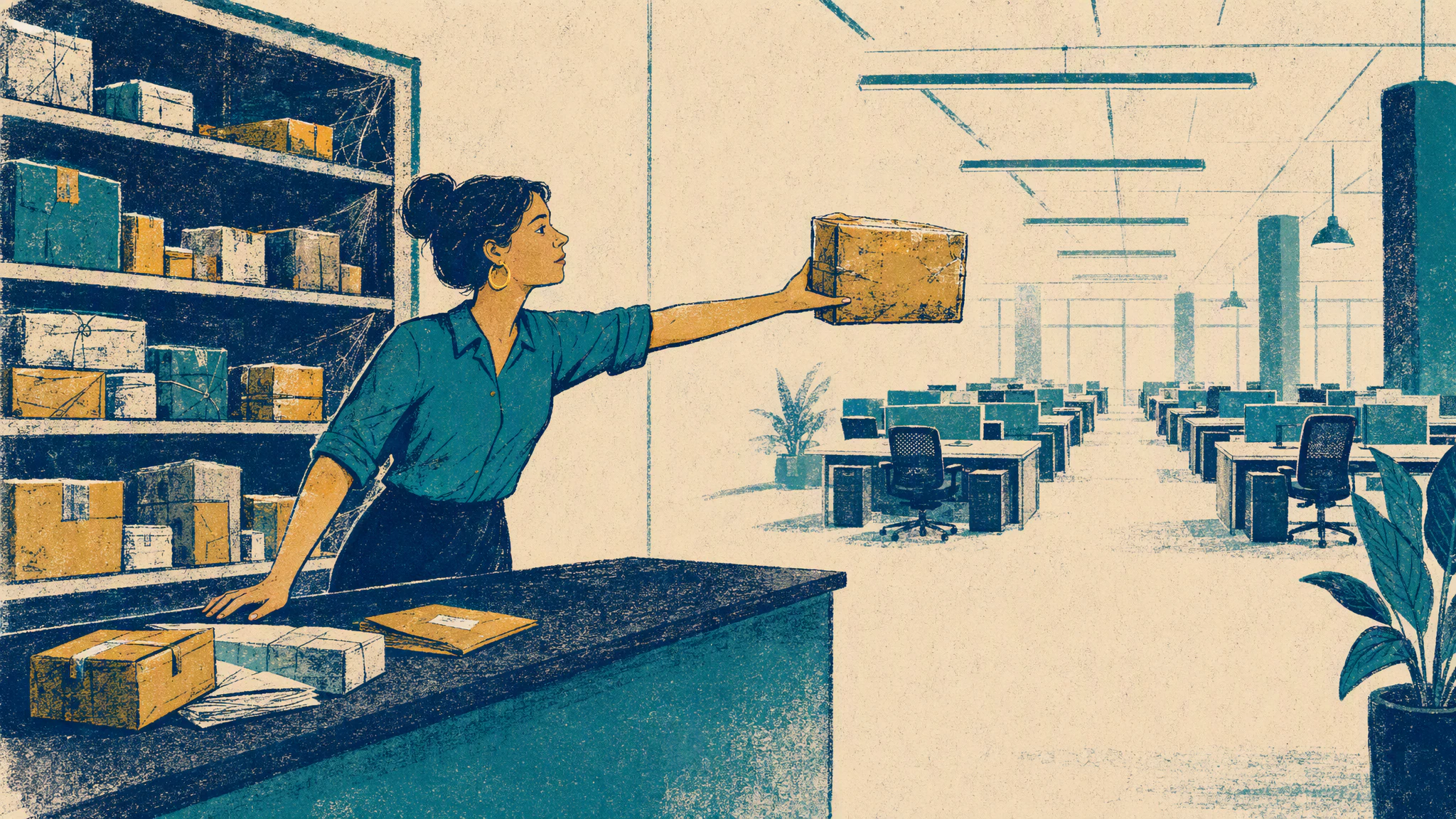 A mailroom clerk holds one returned parcel out toward a row of empty desks while a shelf of parcels waits behind her.