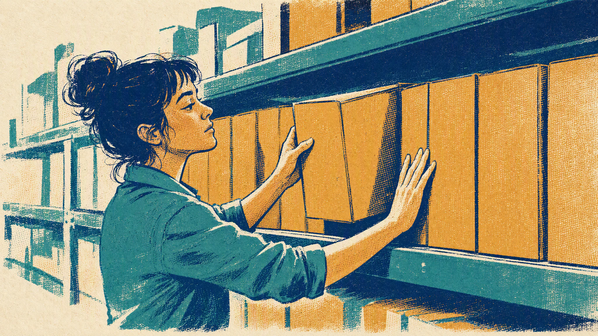 Two colleagues count boxes on a stockroom shelf while a third wheels a loaded trolley past them toward the door.