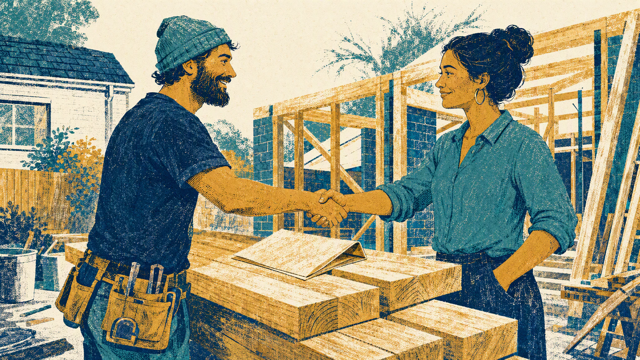 Two people sit across a wooden meeting table with a thick stack of paper and a pen resting between them.