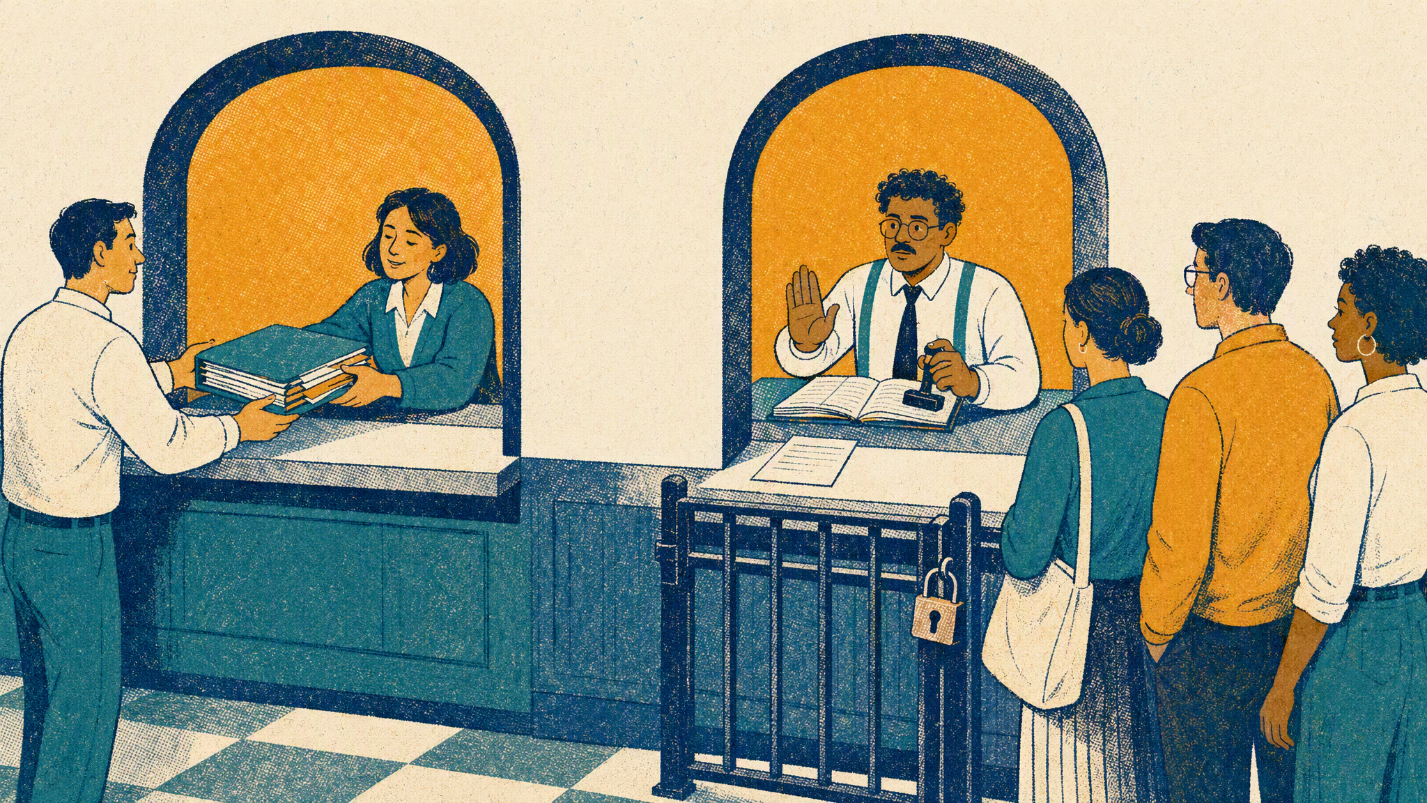 A clerk at a records counter hands over a thick folder while a second window behind a locked gate has a stamp, a ledger, and a queue.