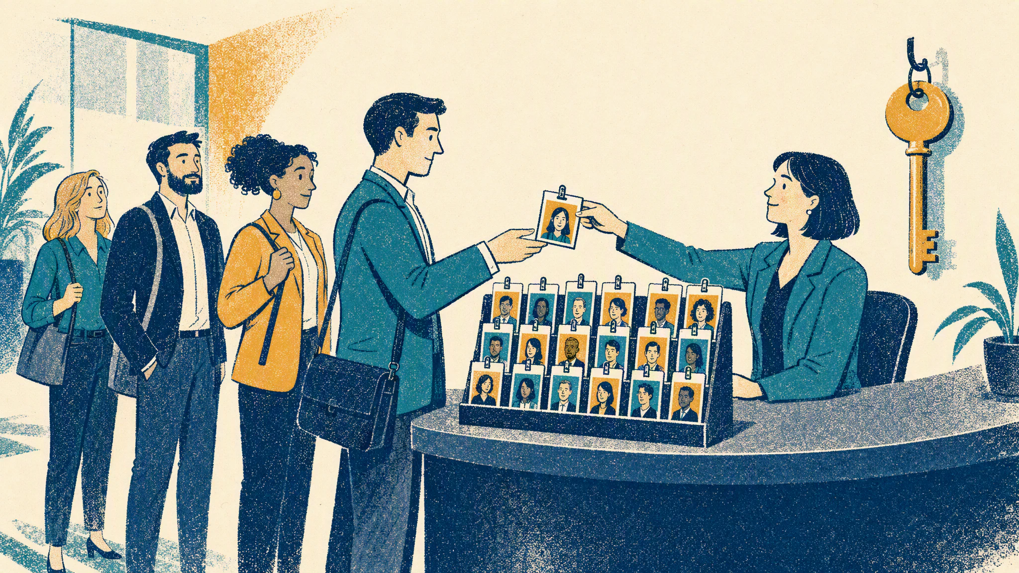 A receptionist hands individual photo badges to a queue of sales staff while a single master key hangs untouched on the wall behind her.