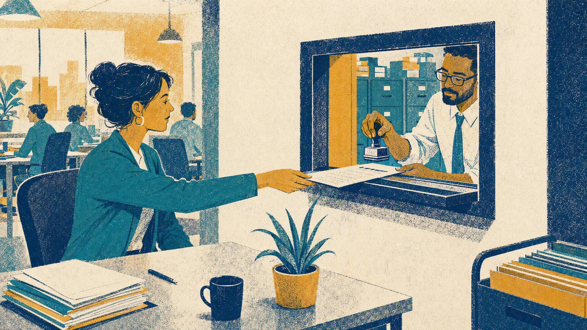 A seller at a desk by a window passes a signed form through a hatch into a records room where a clerk stamps it.