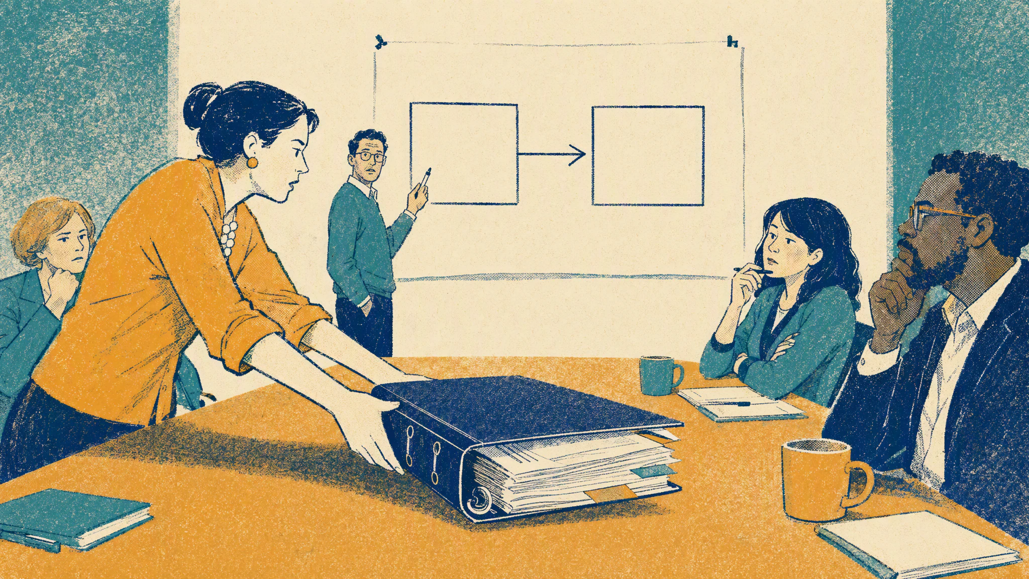 A finance controller pushes a thick binder of cost sheets across a meeting table toward a wall drawing of two boxes joined by one arrow.