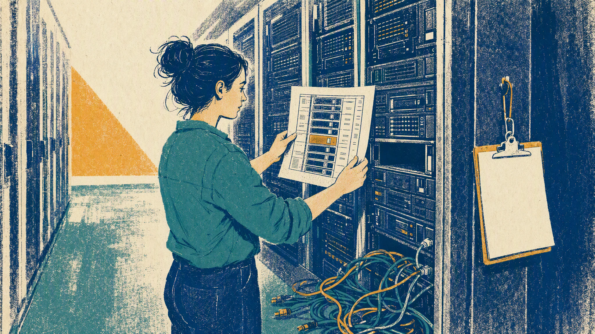 An engineer in a data centre aisle checks a printed rack diagram against the labels on the servers in front of her.