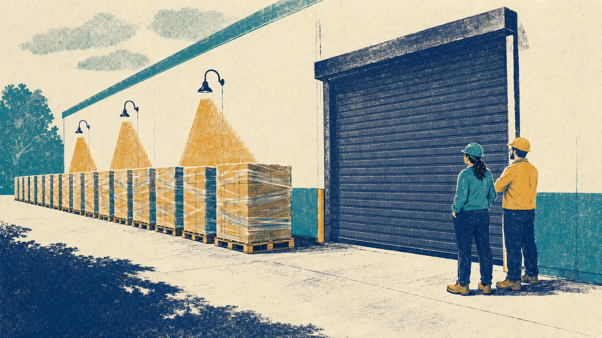 Sixteen loaded pallets lined up at a single loading dock while two workers in hard hats wait beside a closed shutter door.