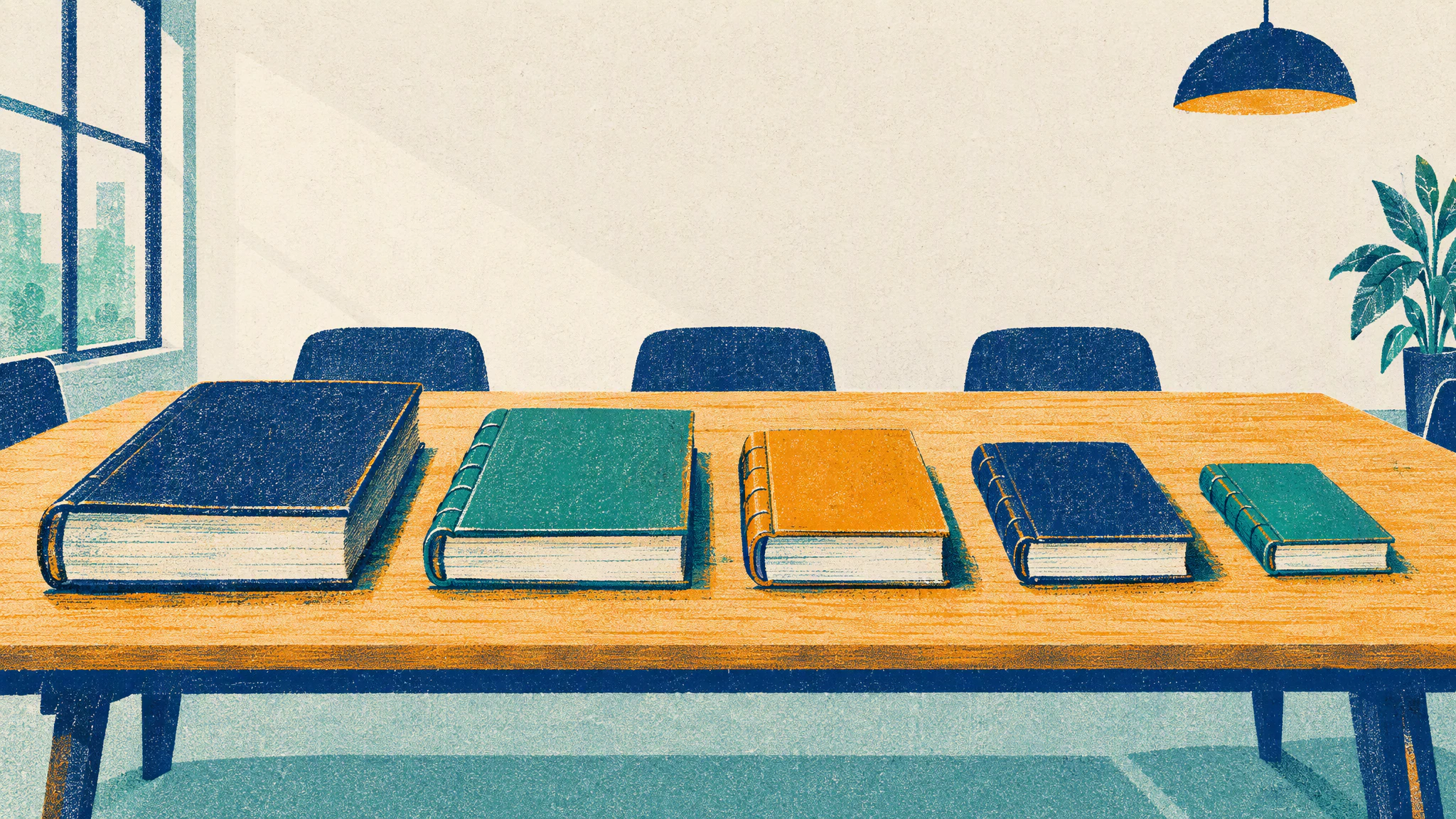 Five ledger books of different sizes and colours lie side by side on a long wooden table in an empty meeting room.