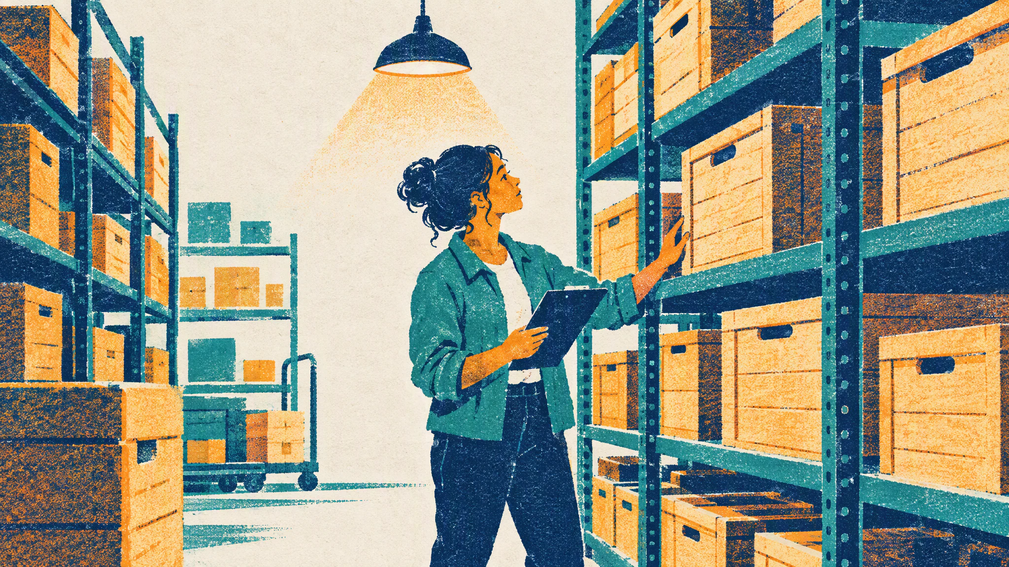A woman in a storeroom counts stacked wooden crates on tall metal shelves under a single ceiling light.