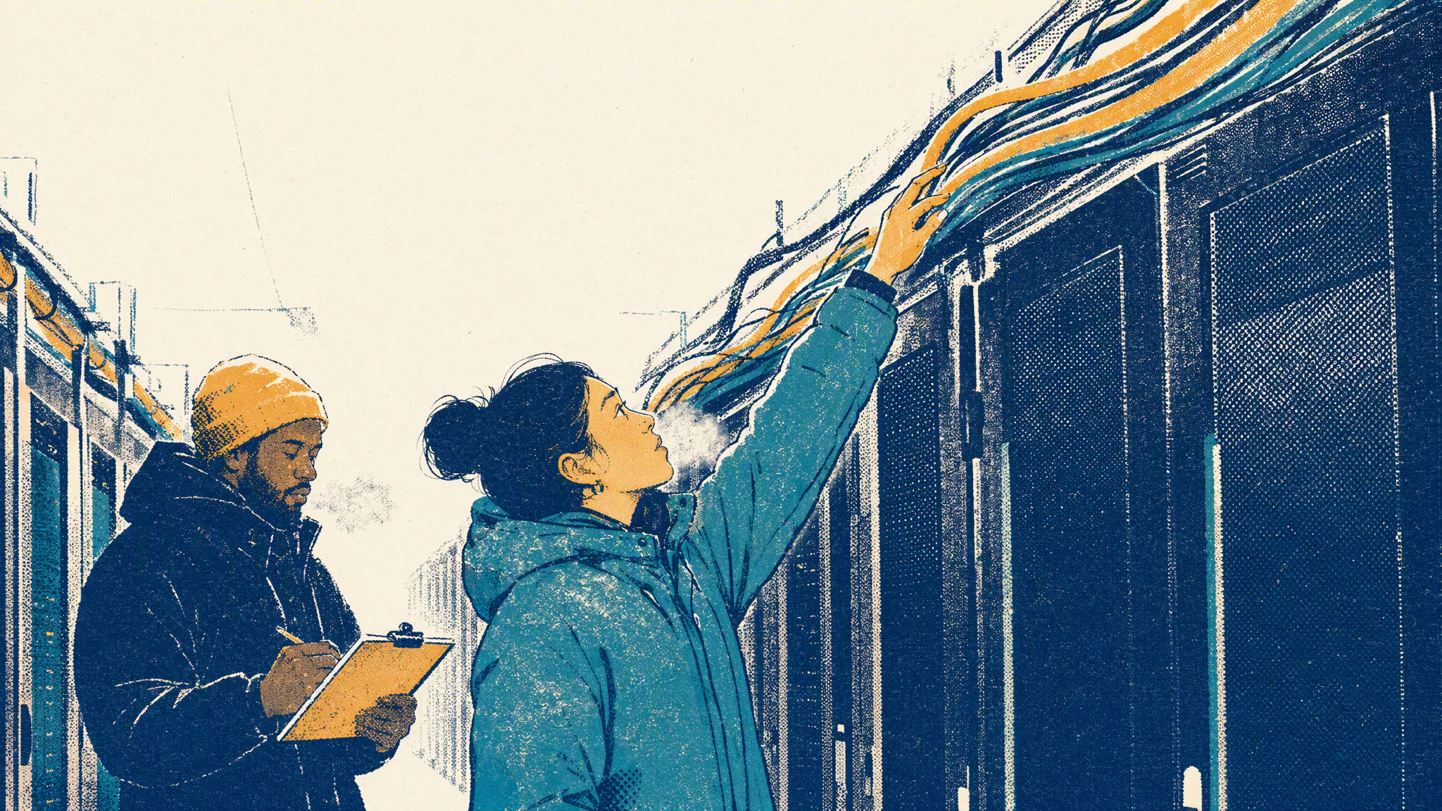 Two engineers stand in a cold data centre aisle, one tracing a cable along a rack while the other notes readings on a clipboard.