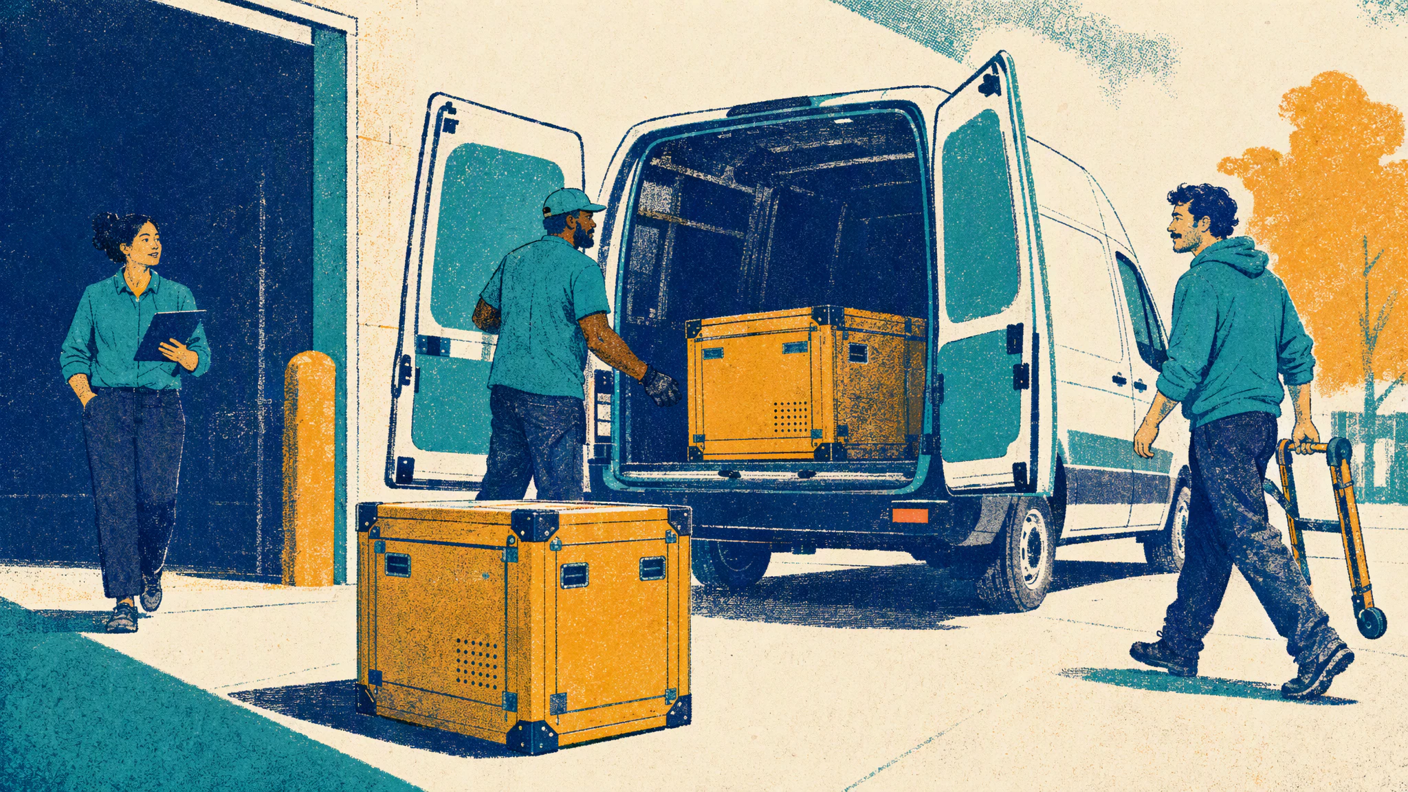 A parked service van with its rear doors open beside a loading bay, one equipment crate on the ground and one still inside.