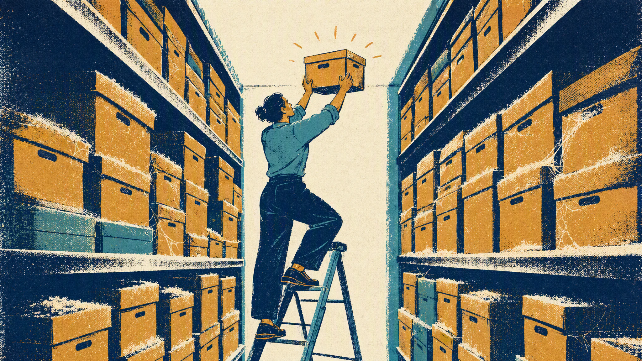 A storeroom with cardboard file boxes stacked to the ceiling and a worker on a step ladder reaching for one on the top shelf.