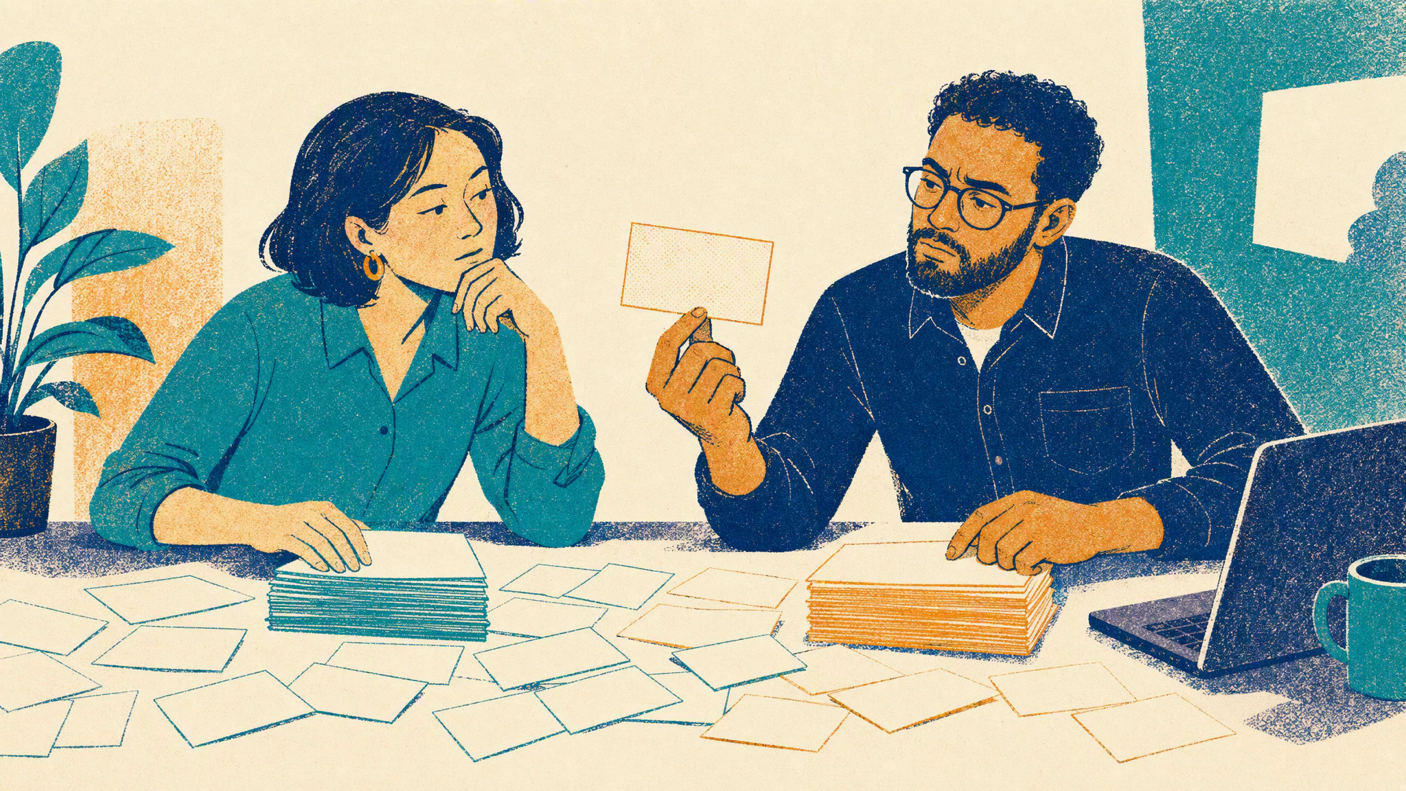 Two colleagues at an office desk sorting blank index cards into two separate piles beside an open laptop.