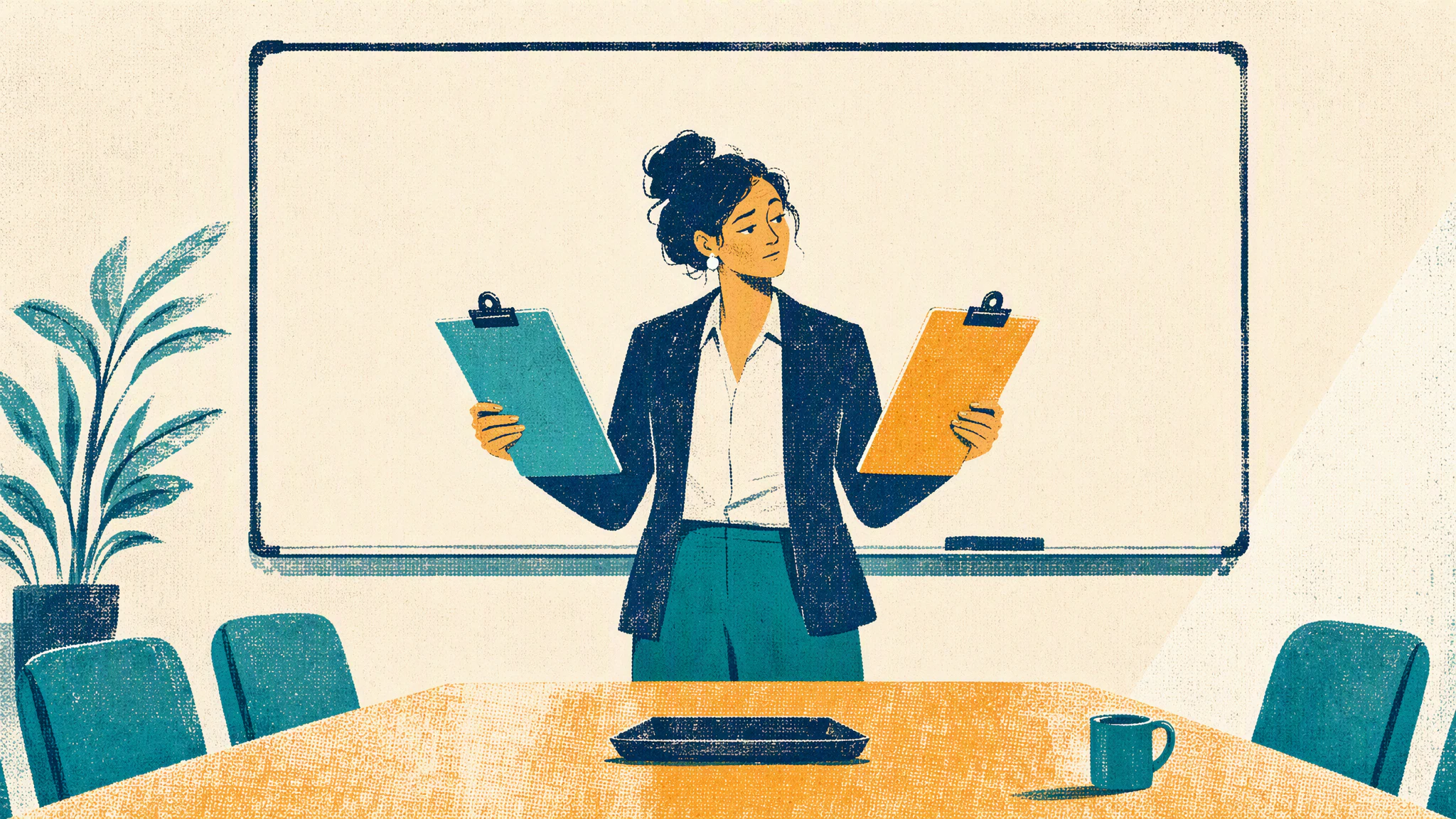 A release manager holding two clipboards stands in front of a blank whiteboard in an empty meeting room.