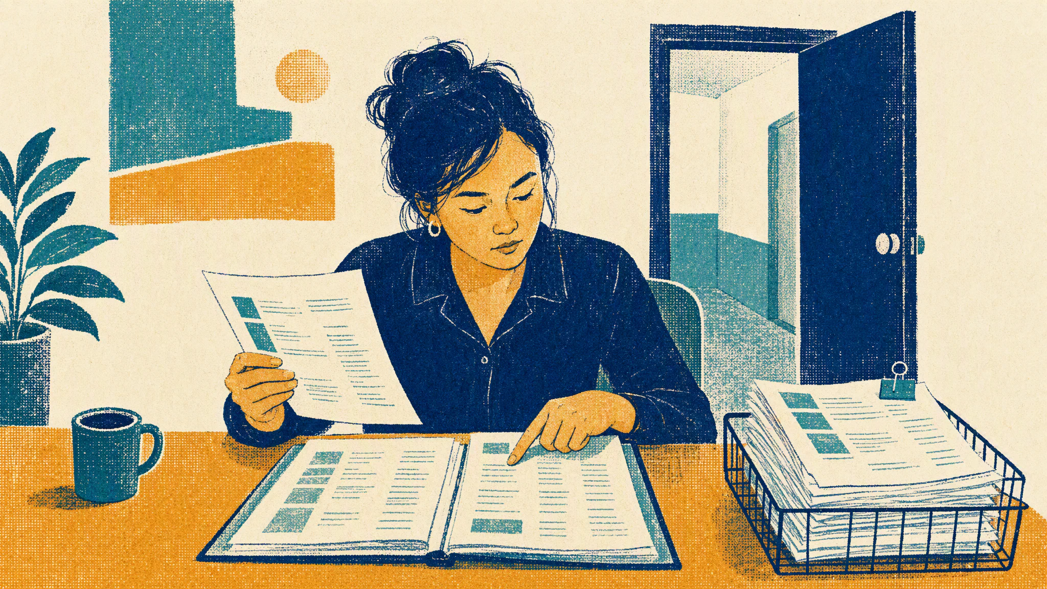 A reviewer at a desk holds one request sheet beside an open supplier file while a tray of waiting requests sits at her elbow.