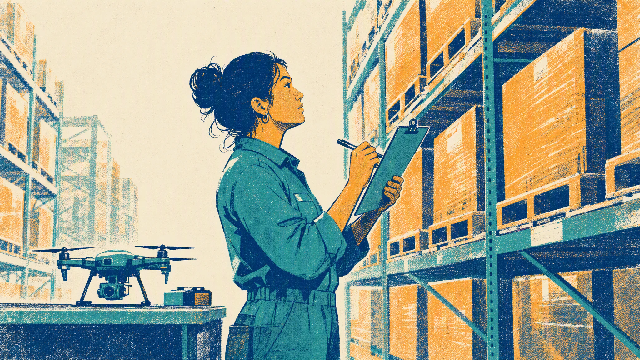 A technician with a clipboard counts pallets in a factory aisle while a small drone rests on a workbench behind her.