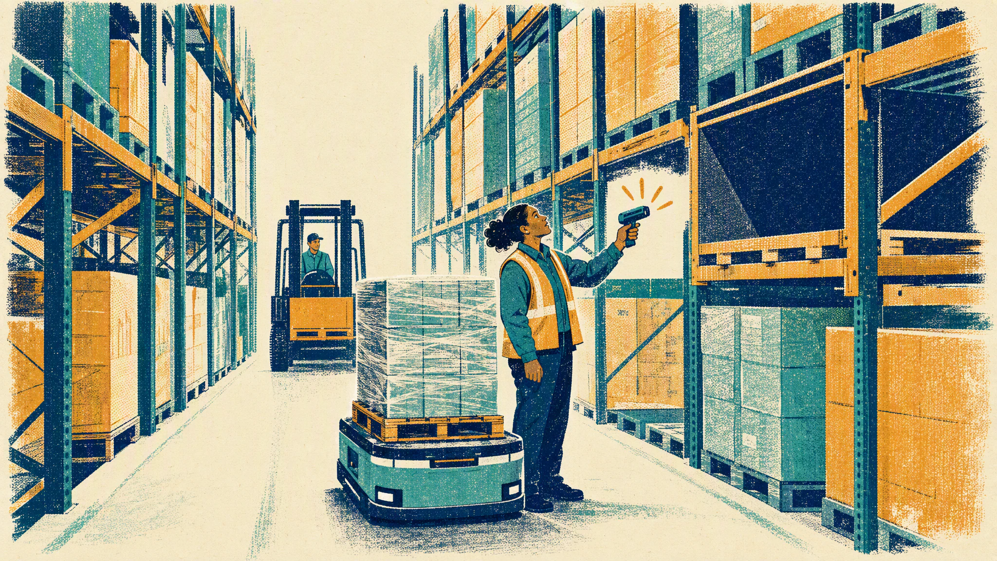 A shift lead holds a handheld scanner beside a stopped pallet robot in a warehouse aisle where one rack bin is empty.