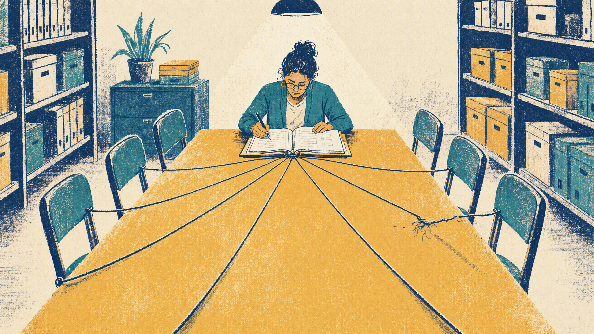 One person at the head of a long table reads an open folder while string runs from it to six empty chairs.