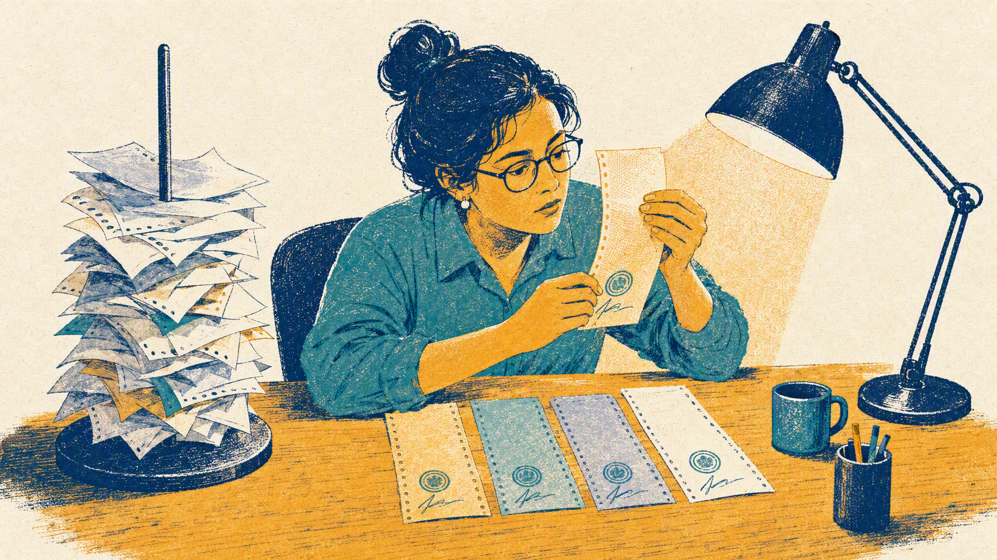 A reviewer at a plain desk peels one multi-part receipt into its copies under a lamp while a spindle of unsorted slips waits beside her.