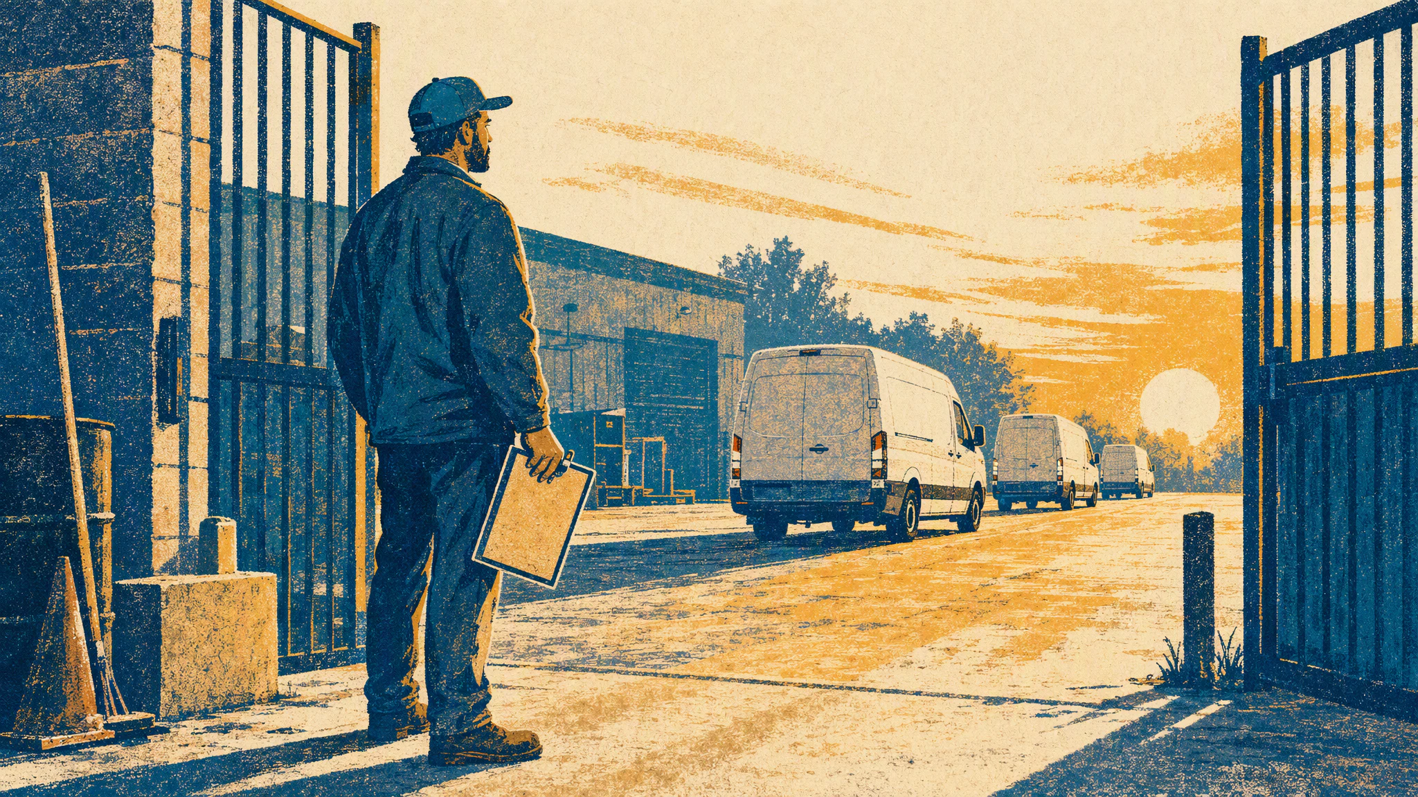 A row of service vans parked in a depot yard at dawn with their side doors standing open.