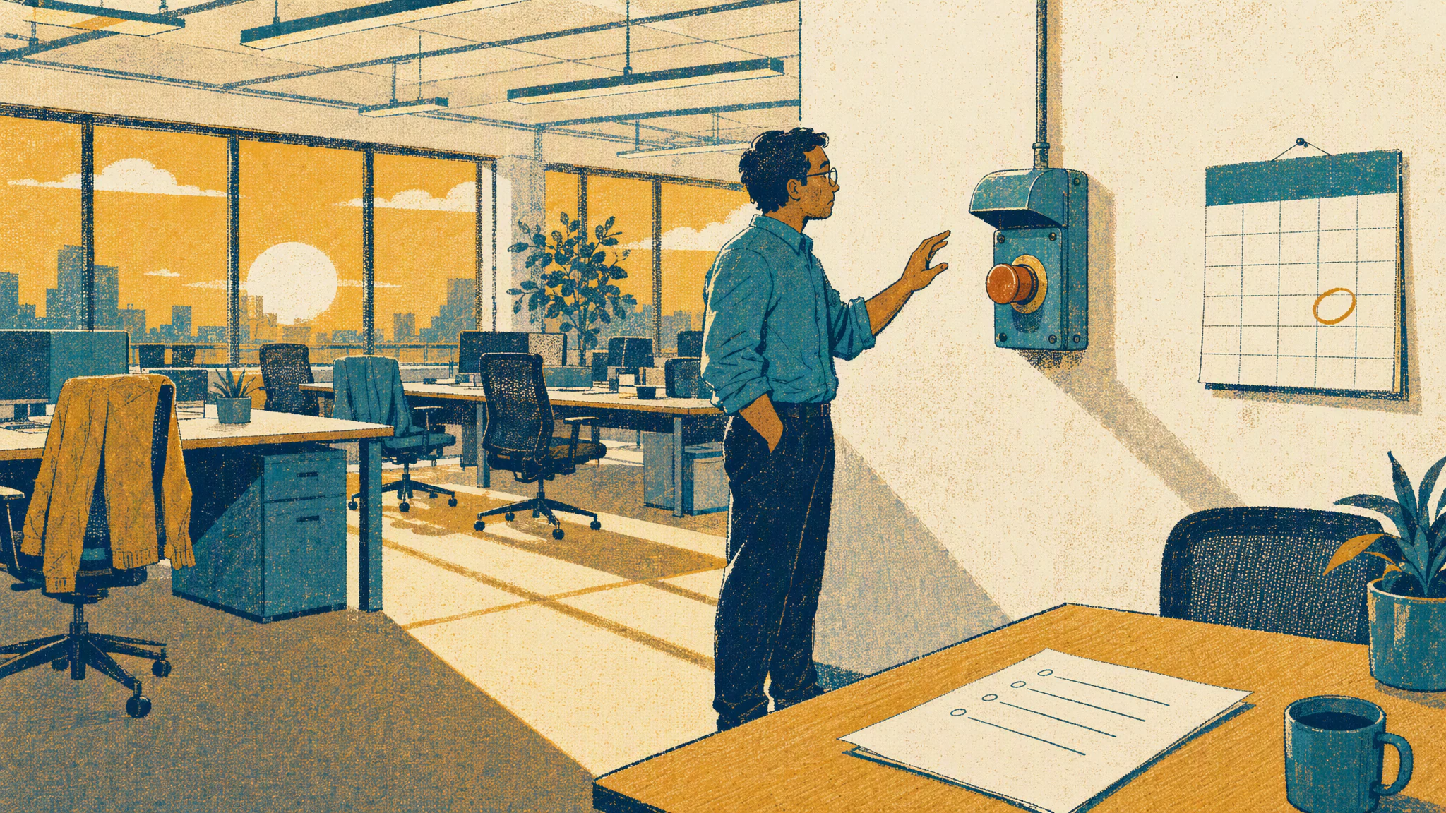 One person alone in an emptied office late in the day, hand hovering over a wall-mounted stop switch.