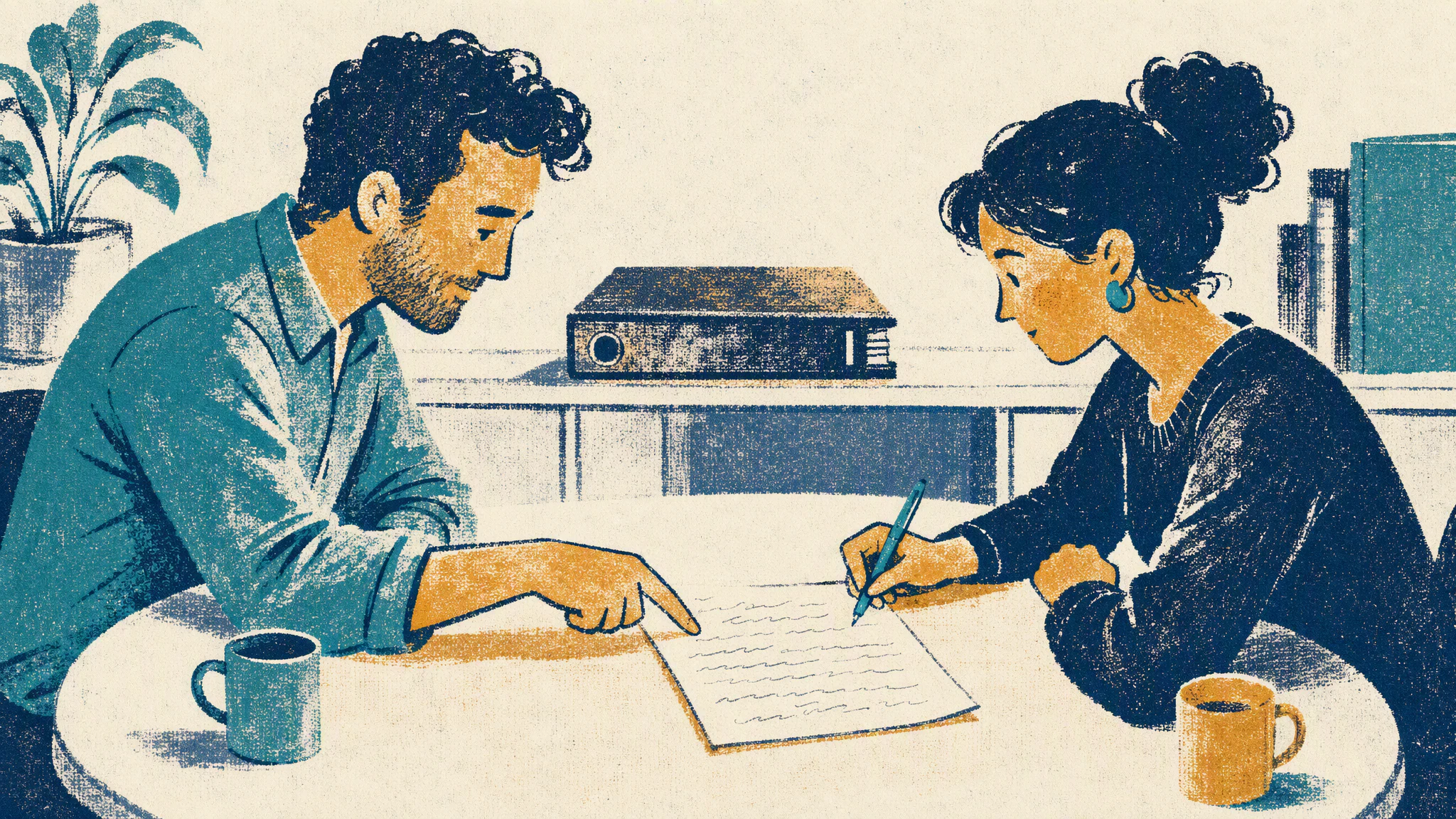 Two colleagues talk at a small table over a single page of handwritten notes while a thick binder sits closed on the shelf behind them.