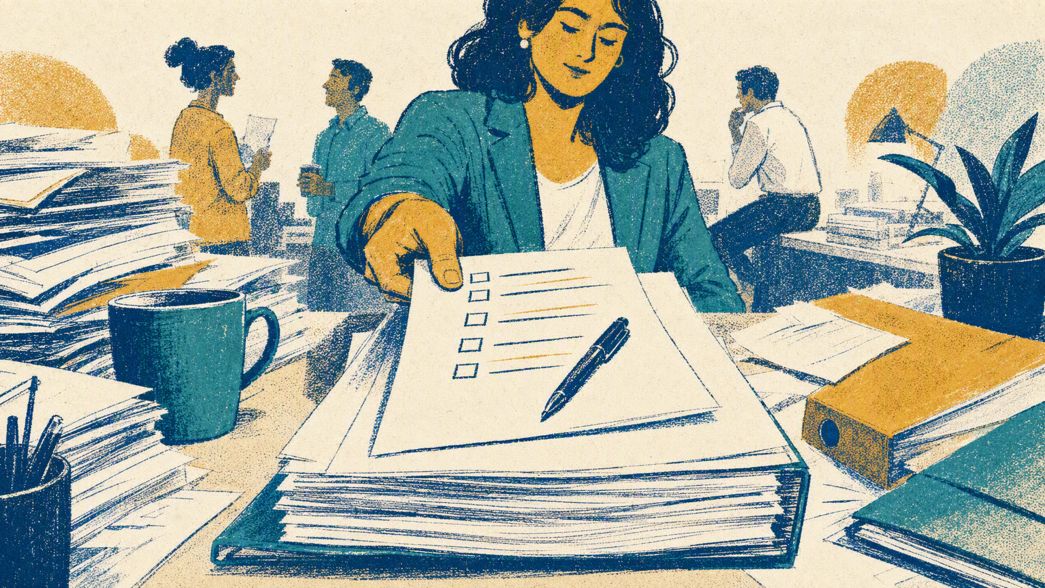 A consultant lays a short discovery checklist on a desk next to a much longer, unsigned contract.
