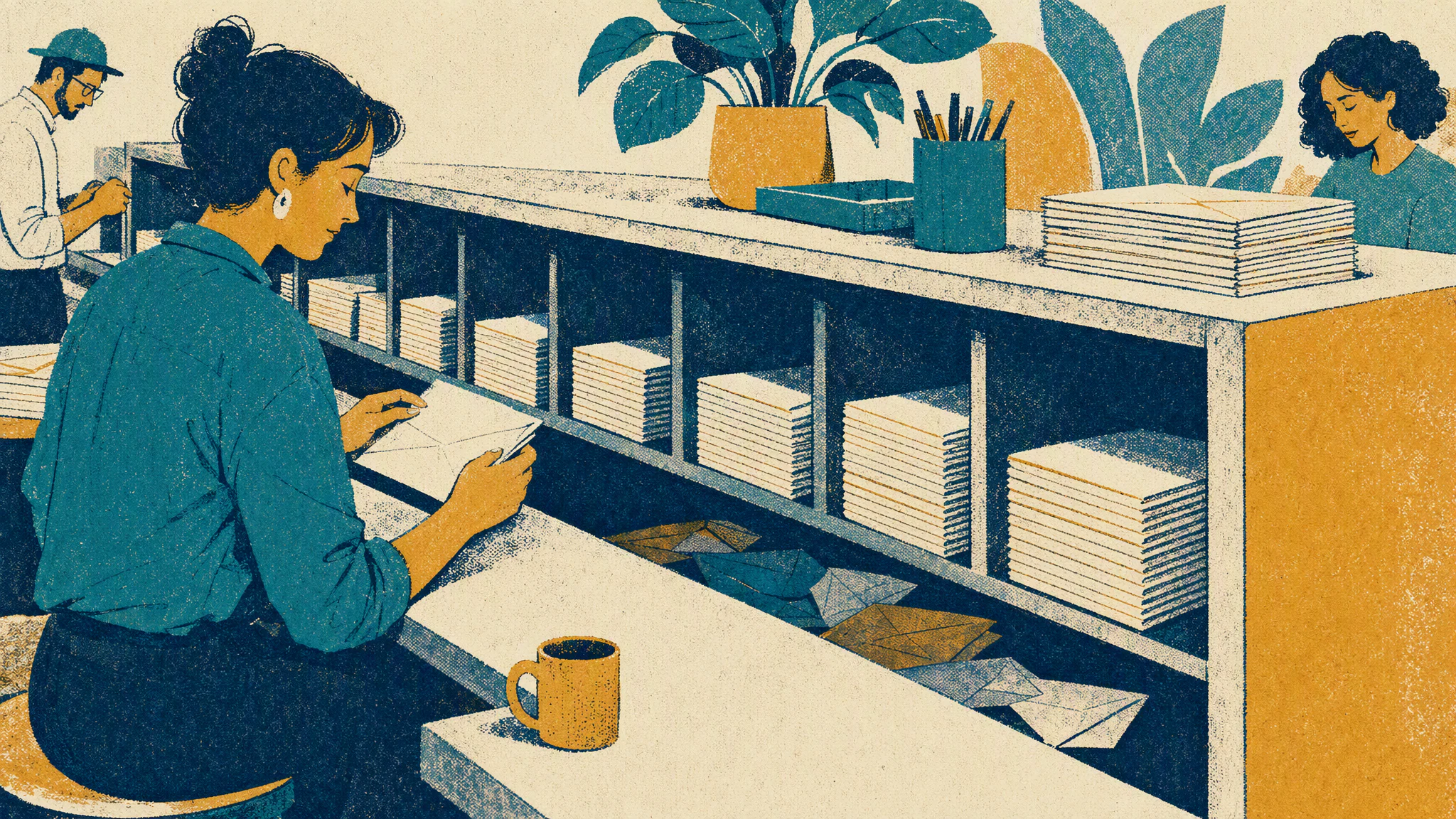 A sorting bench where most envelopes sit in a neat stack while a handful have slipped into the narrow gap behind it.