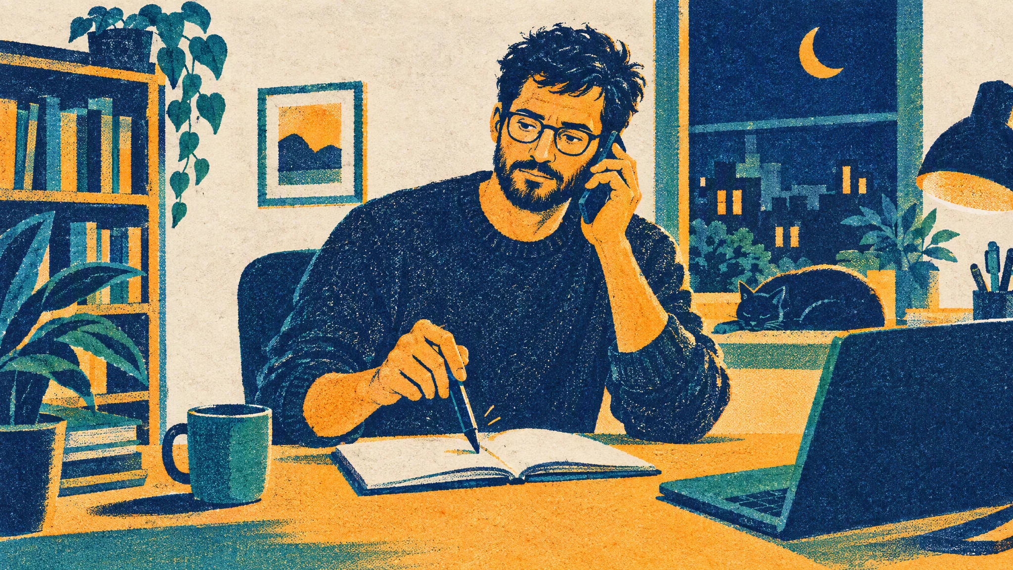 A man in a home office holds a phone to his ear and taps a pen against an open notebook late in the evening.