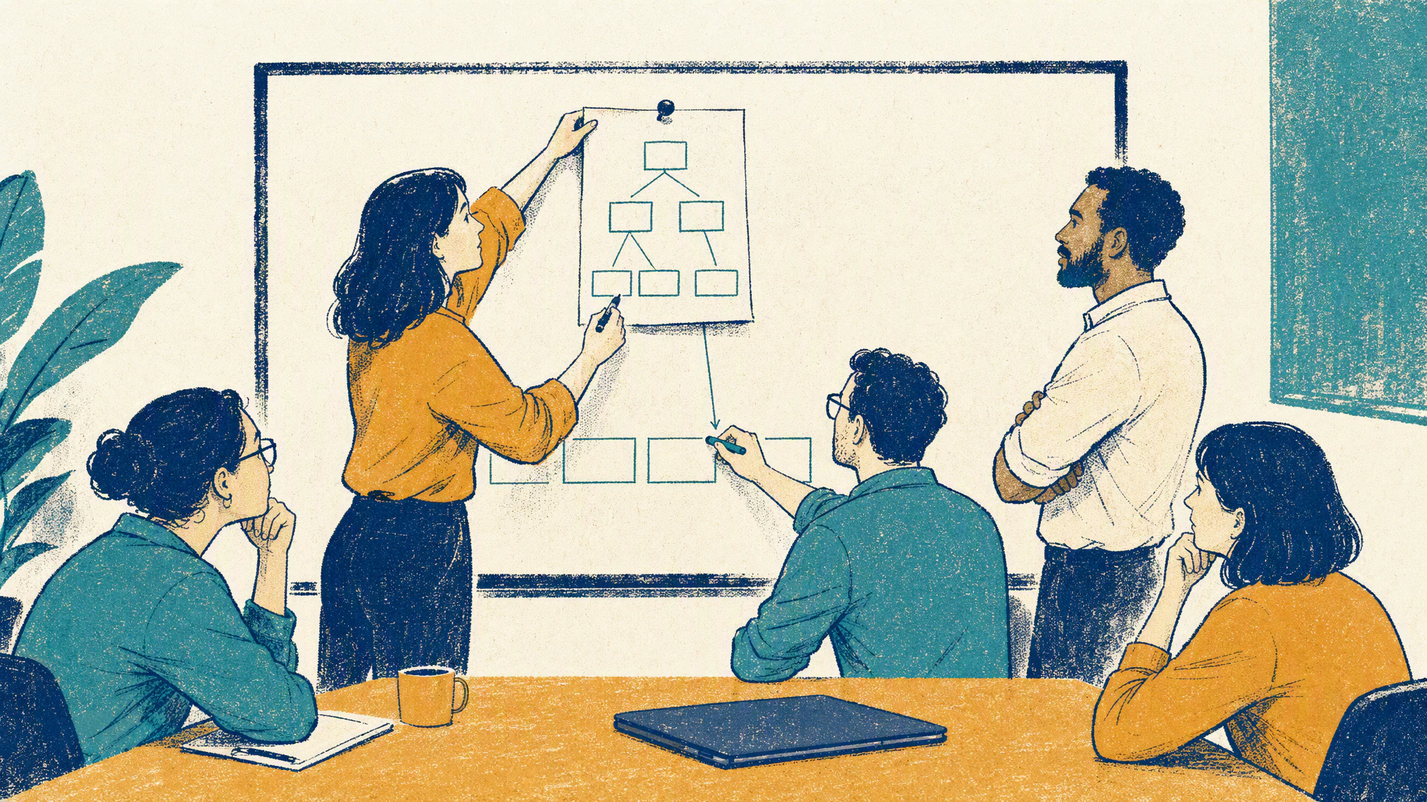 A planner writes a list on a sheet pinned above a whiteboard while two colleagues sketch table boxes beneath it.