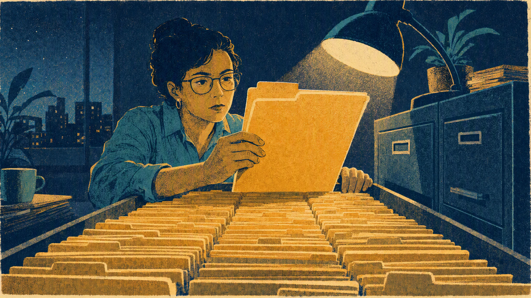 A security analyst studying rows of data on a large monitor in a dim office at night.