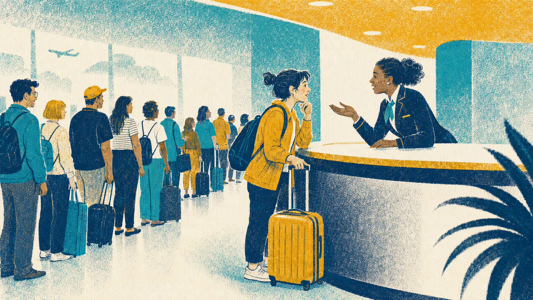 A traveler with a rolling suitcase pauses at an airport help desk while a uniformed staff member answers a question.