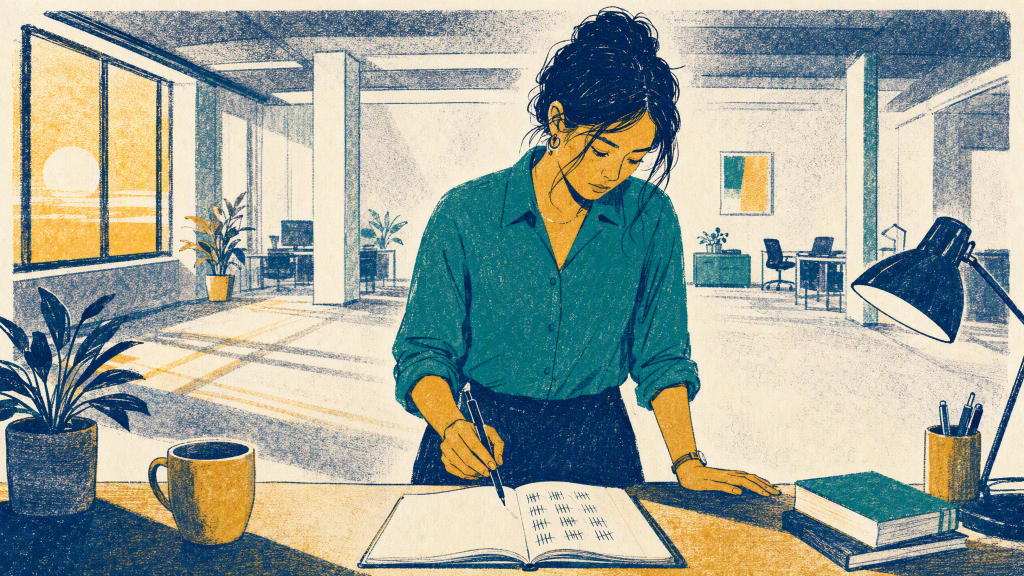 A woman standing at an office desk with a pen and an open notebook, mid-thought during a quiet morning.