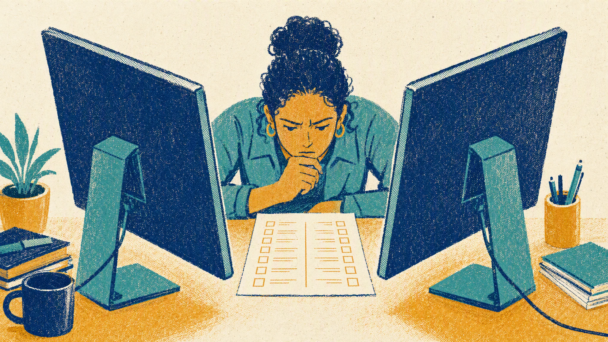 A person sits at a desk comparing two computer monitors showing spreadsheet reports side by side.