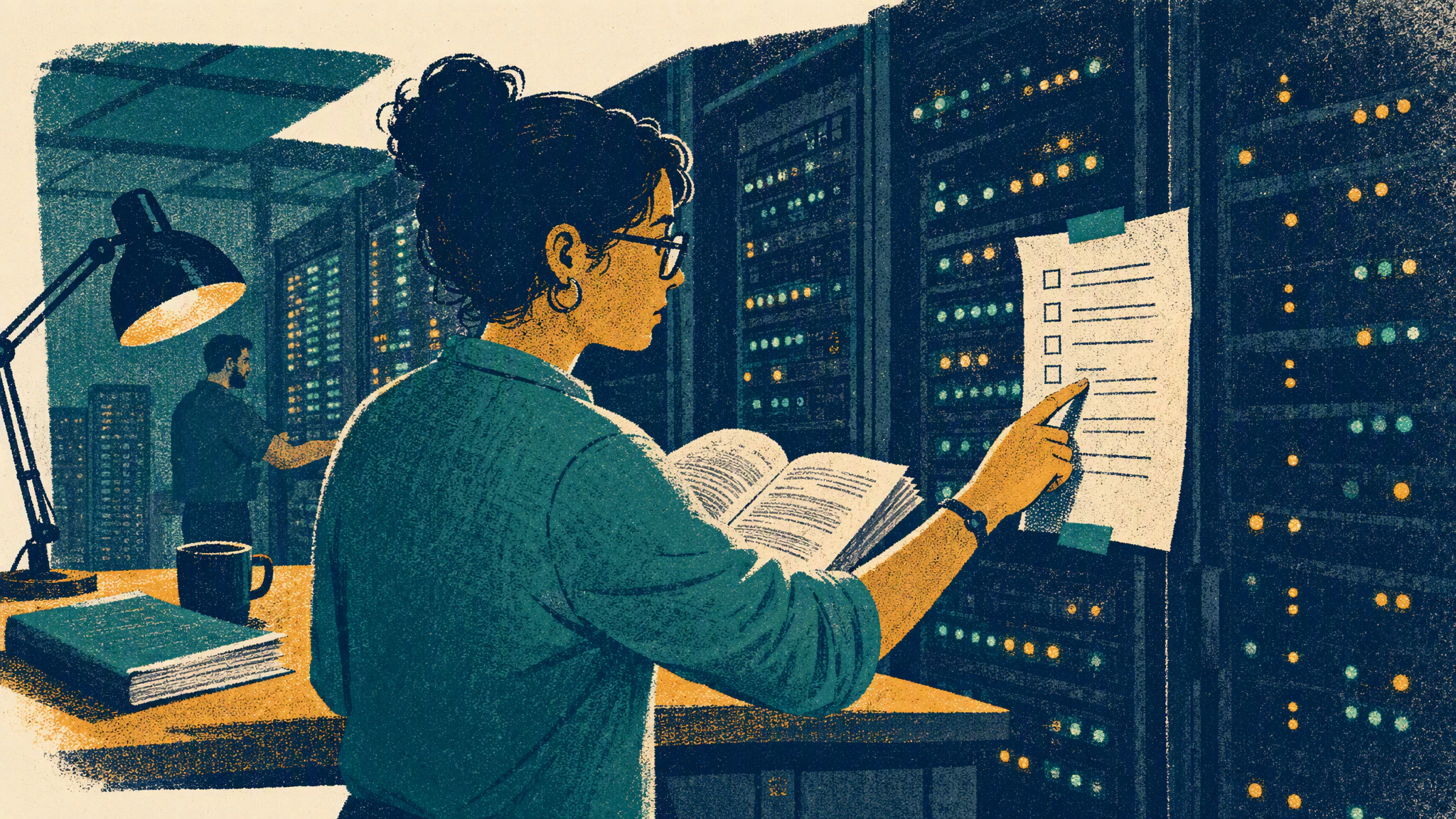 A security administrator reviews rows of server status lights in a dim data center at night.