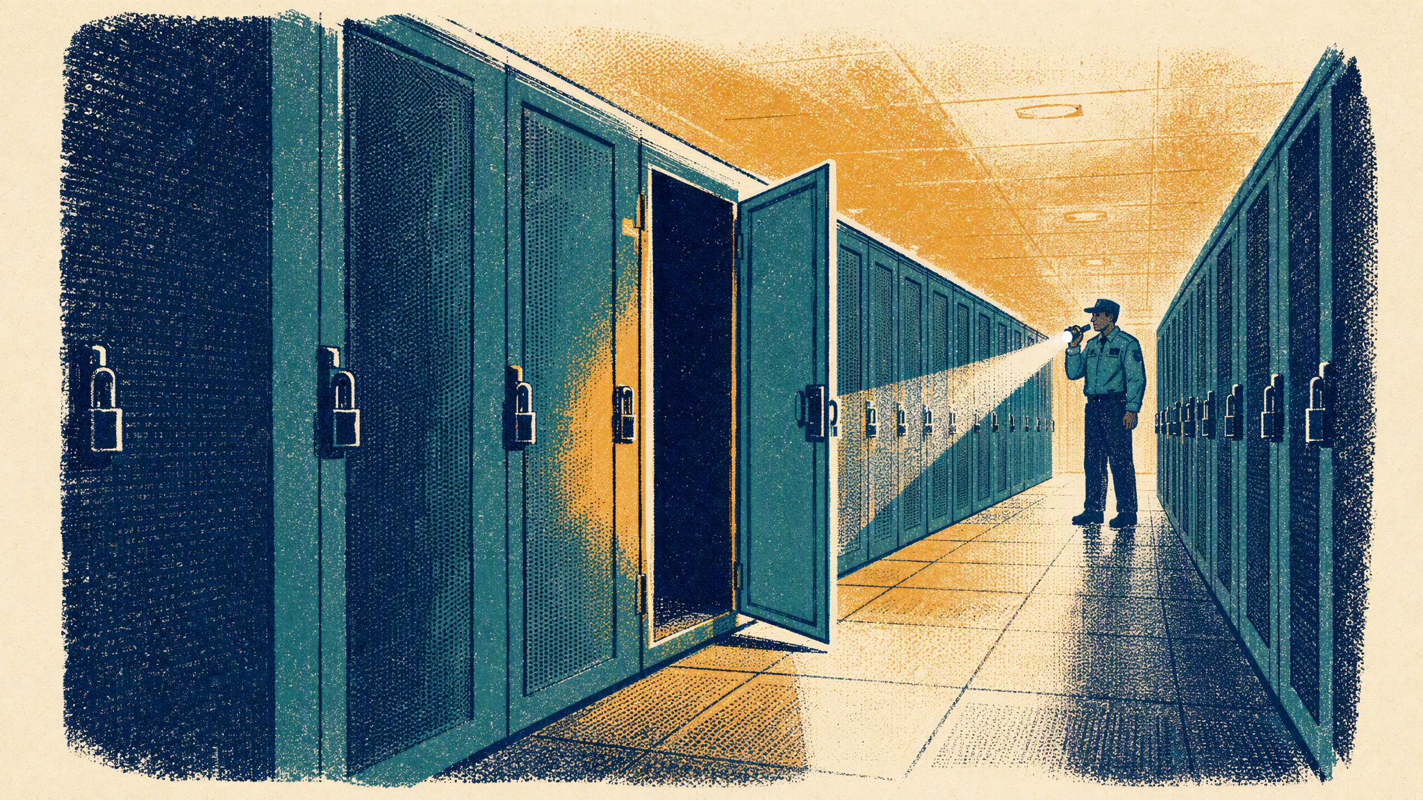 A server room hallway lined with equipment racks, one cabinet door left open while the rest stay closed and locked.