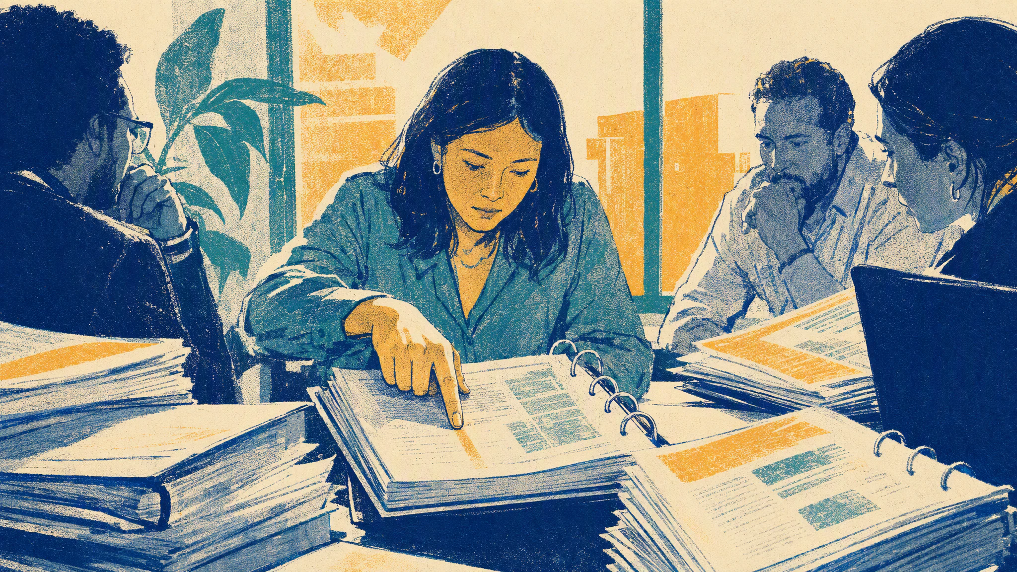 A procurement analyst at a conference table with open binders and stacks of printed reports under a window.